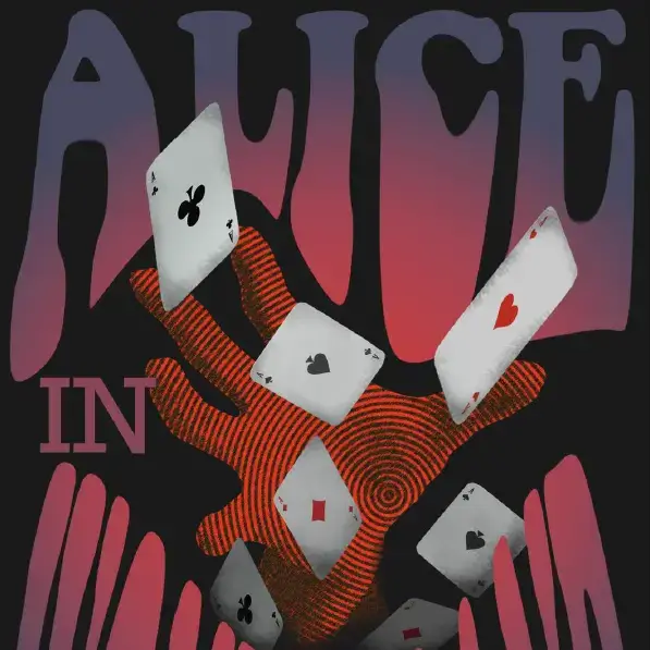Part of an Alice in Wonderland book cover, visible are the worlds 'Alice in' and a red hand